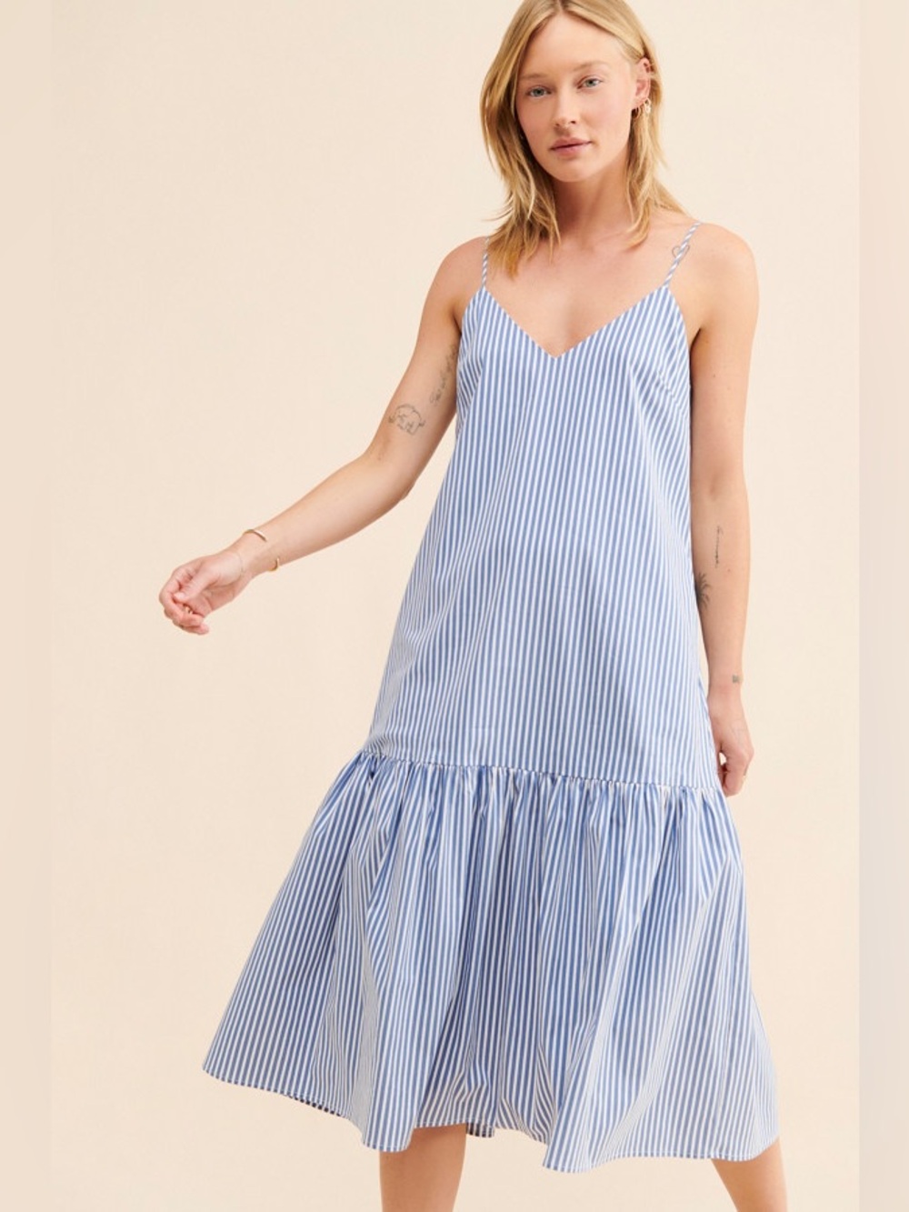 Lavender Brown Striped Flounce Midi Dress